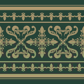 Oriental Heritage of Gold Embroidery Weaves On Dark Green Background. Rich Wealth Opulence design Pattern Seamless. Border Rim Lace Royal Dynasty Design. Apparel Decoration, Rug, Carpet, Hand draw vector