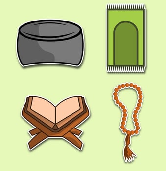several illustrations of stickers for Muslim worship tools such as hats, prayer mats, Al-Quran and prayer beads vector