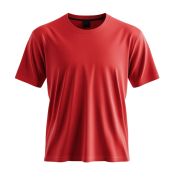 3d Red crew neck t-shirt lying flat, short sleeved mockup displaying graphic design cutout isolated on a transparent background png