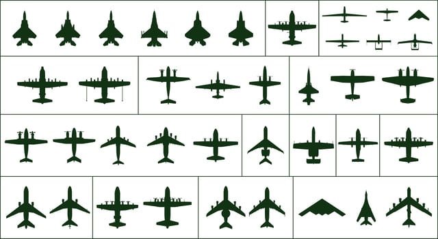 A set of American military aircraft of different types. Black silhouettes. ESP 10. vector