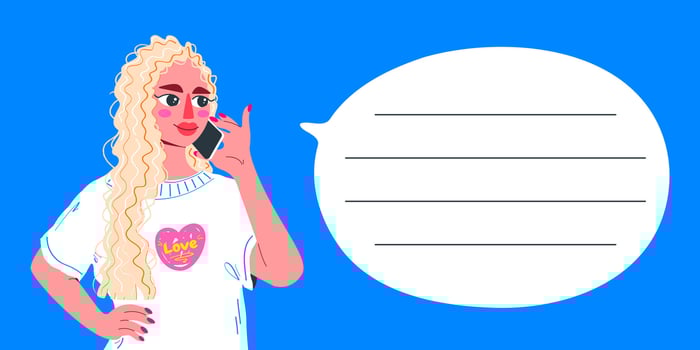 Creative hand-drawn illustration of a young woman speaking on the phone with a blank speech bubble set against a vibrant blue background. vector