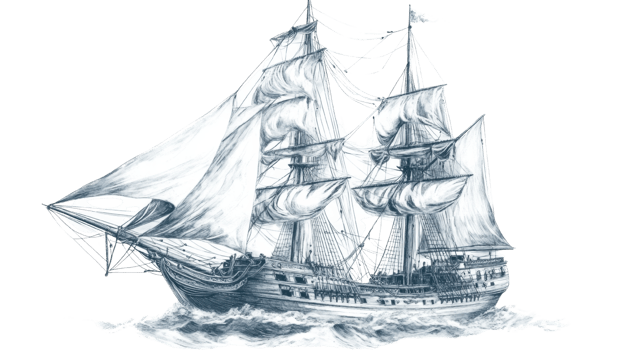 A Detailed Drawing Of A Majestic Sailing Ship. cut out png