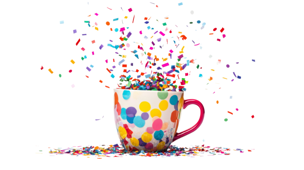 Colorful Confetti Exploding From a Polka Dot Mug png