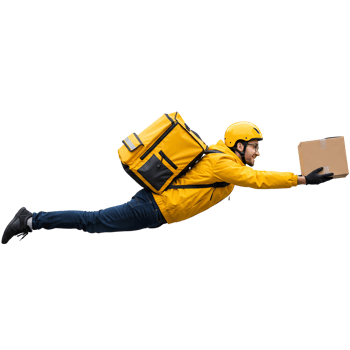 Young Delivery Man in a Yellow Uniform Flying to Deliver an Order, Isolated on a Transparent Background Fast Delivery Service Concept. png