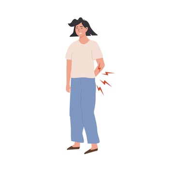 Woman suffering from back pain, holding her lower back with a pained expression. Red lightning symbols of discomfort. Medical concept. Spine issues, posture problems. Flat Illustration. vector