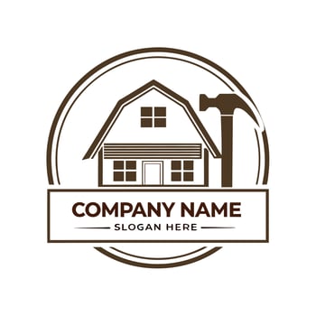 a house logo with a hammer and a hammer in the middle white background vector