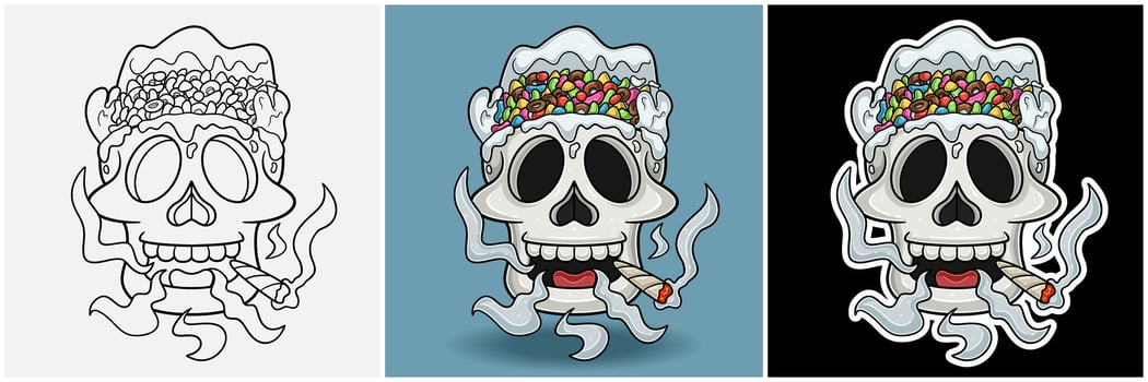Cereals Inside Skull Head With Smoking Character Cartoon. Black White, Colorful and Sticker Style. vector