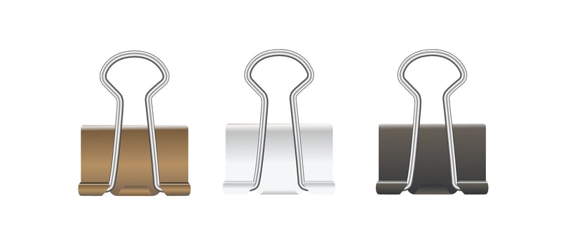 Realistic paper clips. Black white gold silver binder clip, paper holder. vector