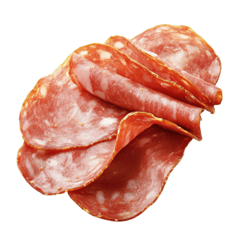 Slices of salami sausage arranged on a clean white surface for culinary use, Salami sausage slices ham isolated on Transparent background, background png