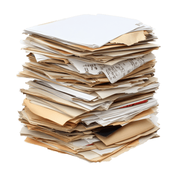Stack of assorted paper documents and paperwork piled high on a Transparent background, Stack paper documents files paperwork isolated magazines png