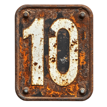 Weathered rusty sign displaying number ten on a Transparent background, rusty old sign with the number ten on it, background png