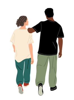 Young interracial couple, man and woman walking rear view in casual street fashion clothes, oversize pants and t-shirts. Black and white t shirt mockup vector