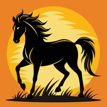 black horse running in the sunset white background vector