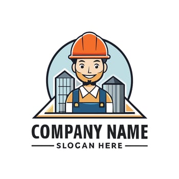 a construction worker logo with a building in the backgroun white backgroundd vector