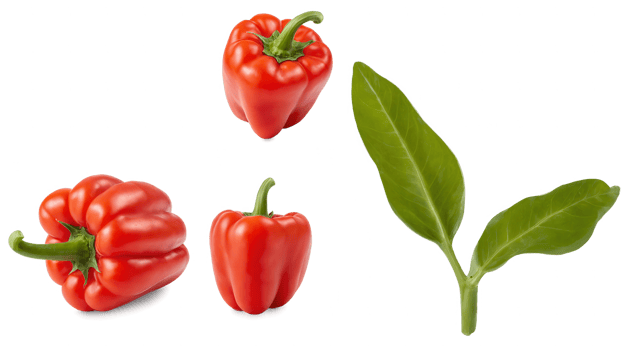 Three ripe red bell peppers and a vibrant green sprout. png