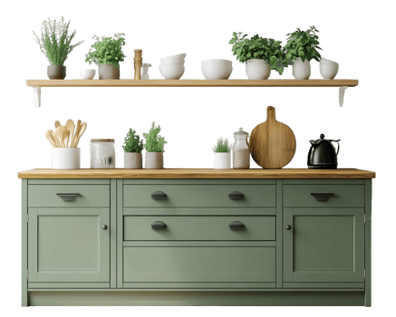 Contemporary Kitchen With Green Cabinets And Wooden Countertop Displaying Fresh Herbs And Decor png