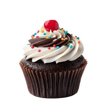 Chocolate cupcake topped with swirled frosting, colorful sprinkles, and a cherry. sweet desserts png