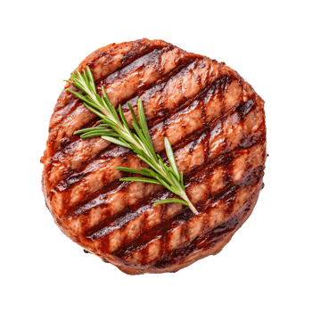 Juicy grilled burger patty with grill marks, topped with fresh rosemary. delicious grilled food png