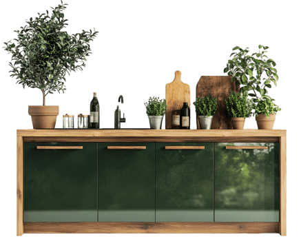 Modern Kitchen Countertop Display Featuring Greenery and Stylish Wooden Accents png