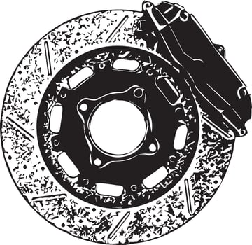 Black and white illustration of a motorcycle disc brake system in grunge style vector