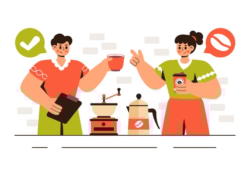 Specialty Coffee Illustration with People Tasting Different Coffee Flavors in a Cozy Cafe vector