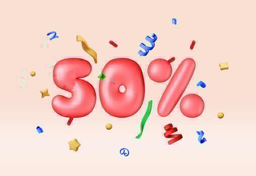 3d sale 50 off discount percent symbol in red helium balloons. Render money finance or business. Percentage, sale, discount, promotion shopping. vector