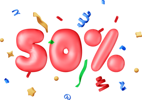 3d sale 50 off percent in red helium balloons png