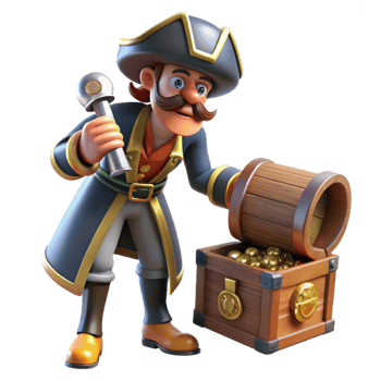 Cartoon Pirate Captain with Treasure Chest and Gold Coins png