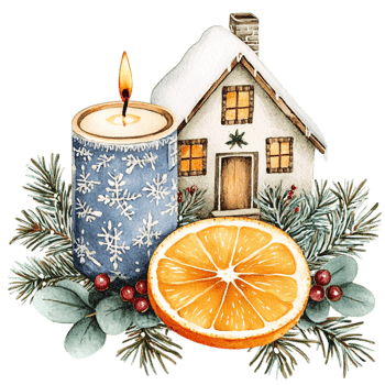 Cozy Winter Candle House Orange Festive Watercolor art snow warm fire png