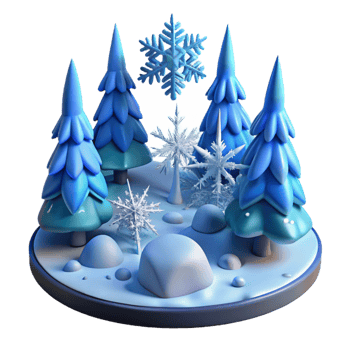 Winter Wonderland Scene 3D Render of Snowy Landscape with Pine Trees and Snowflakes png