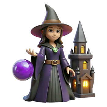 Enchanted Witch, Magical Orb, and Mysterious Tower A Fantasy Illustration png