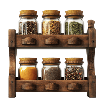 Wooden Shelf Holding Jars of Spices png