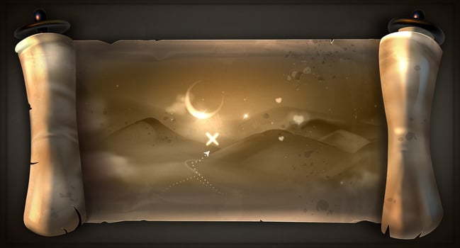 Ancient scroll of parchment paper on the dark background. The scroll is old and worn, with treasure map. The paper is brown and has a slightly rough texture. Unfolded scroll for your design vector