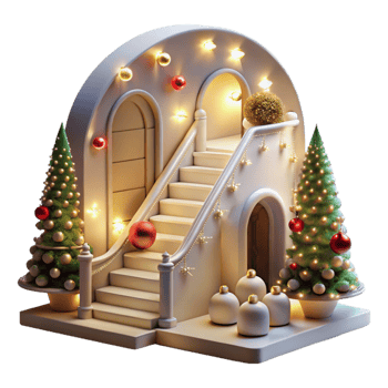 Festive Staircase Christmas Scene with Illuminated Decor and Trees png