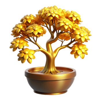 Golden Bonsai Tree 3D Render of a Decorative Gold Plant in a Pot png