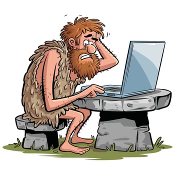 Cartoon caveman sitting at a table with a laptop vector