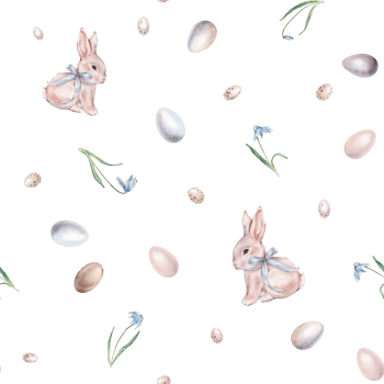 Seamless watercolor pattern with cute rabbits or bunny with light blue bow, paint eggs, spring flowers in pastel colors. Repeat ornament with Illustration of background for Easter design. png