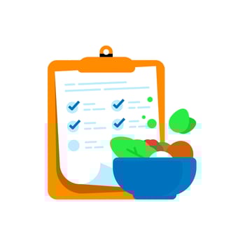 Flat illustration of a clipboard with a organic, nutritious food. daily nutrition checklist, healthy meal planning, balanced diet, or dietary tracking. concept for health, wellness, or nutrition apps vector