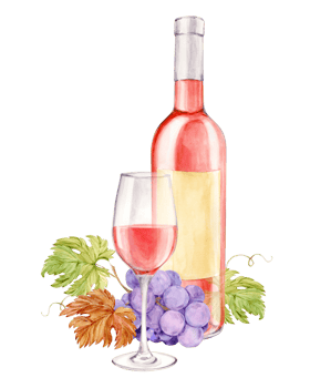 Realistic watercolor illustration of a bottle and a glass of rose wine. Hand drawn alcoholic drink and purple grapes lie on the table. Design element for bar and restaurant menu, tasting. png