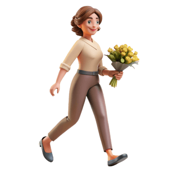 A woman holding flowers and walking png