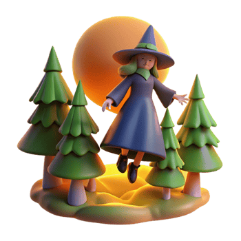 3D Render of Witch Flying in Forest at Sunset png