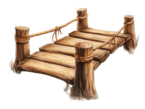 A rustic wooden footbridge with rope railings png
