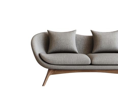 Modern Grey Sofa with Wooden Legs and Cushions png