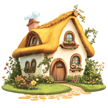 Charming Thatched Cottage Nestled Amidst Vibrant Flowers png