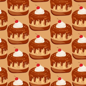 Seamless pattern for kitchen decor and more. Delicious chocolate cupcake with whipped cream and cherry on brown-caramel background. vector