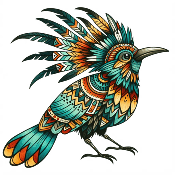 A colorful bird with a tribal design png