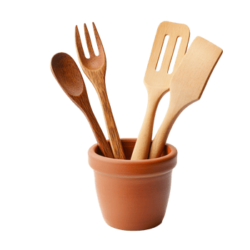 Clay Utensil Holder with Various Cooking Tools png