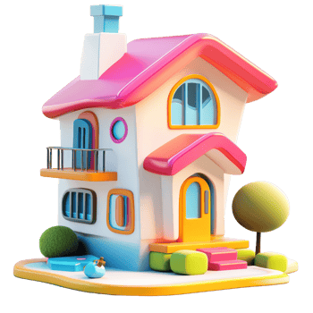 Colorful Cartoon House with Pink Roof and Balcony png