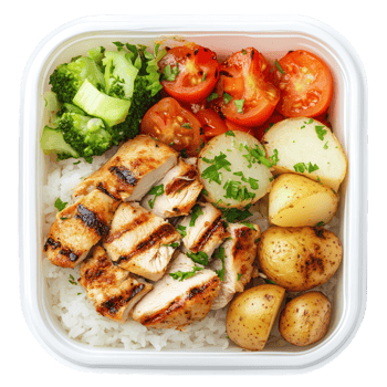 Delicious Meal Box Rice Chicken on transparent background. png