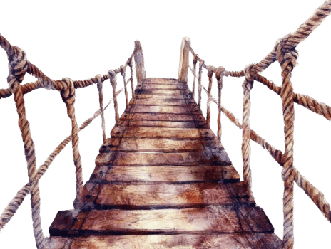 Wooden bridge with rope railings leading to unknown destination png